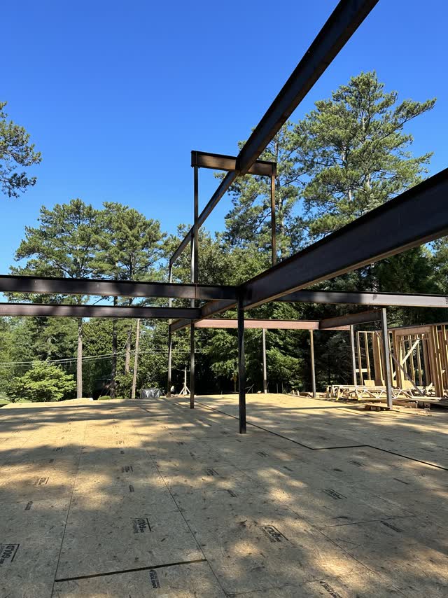 Steel pergola frame standing against open sky and trees