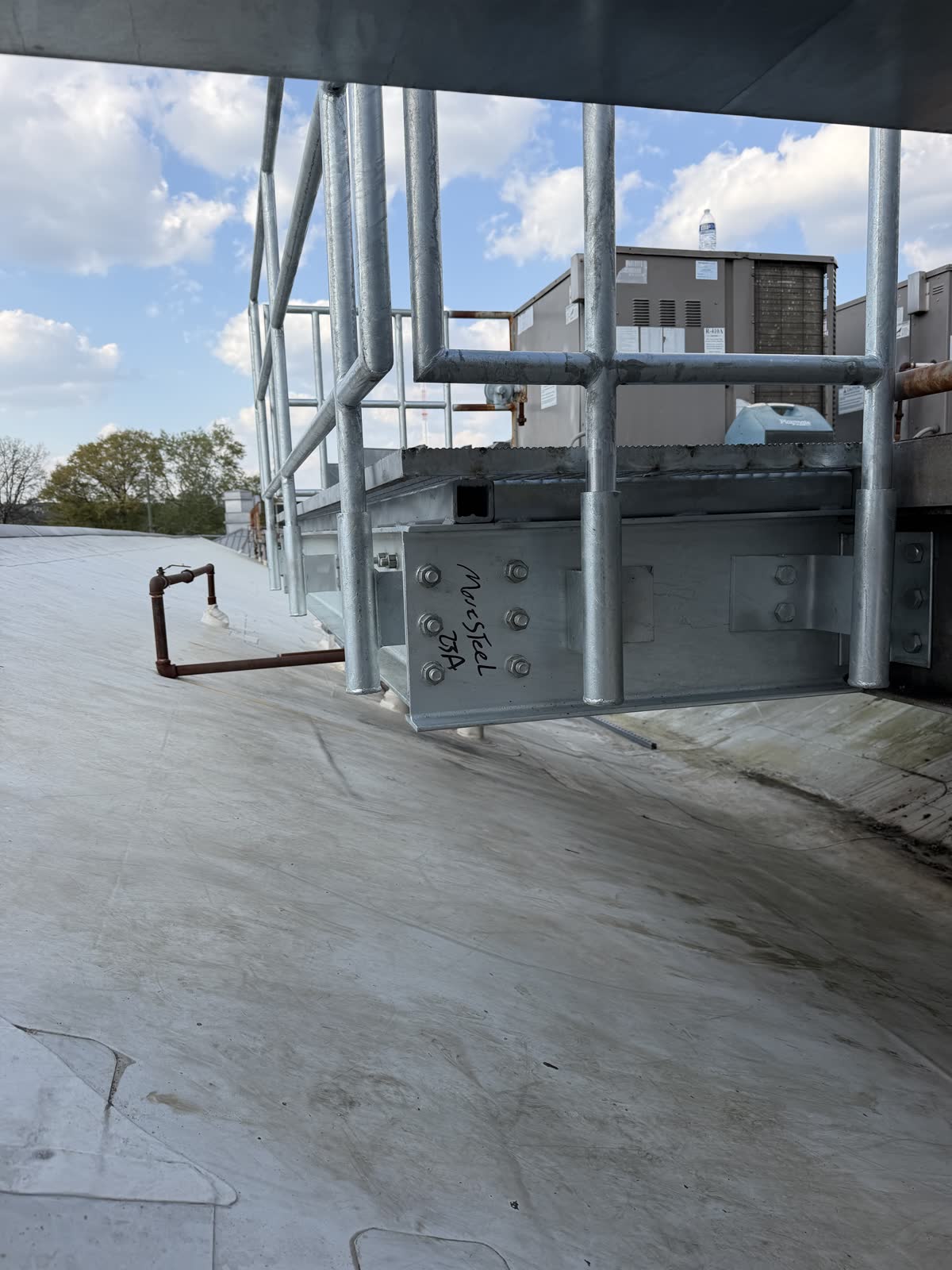 Galvanized rooftop access platform and guardrail among mechanical units