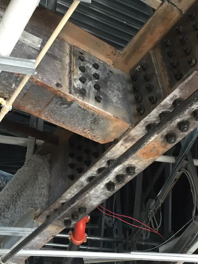 Close view of a bolted structural steel connection