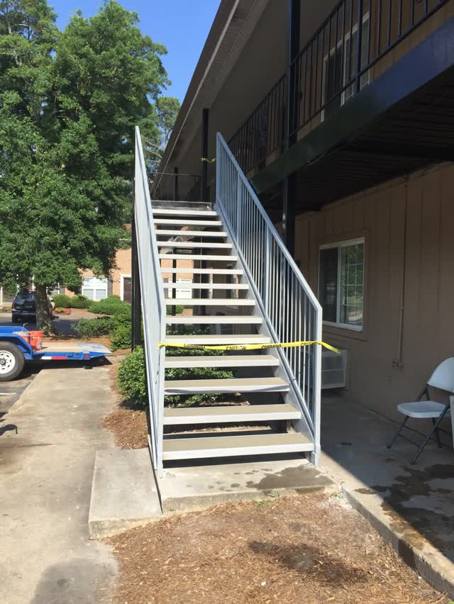 Exterior steel stair and guardrail at an apartment building