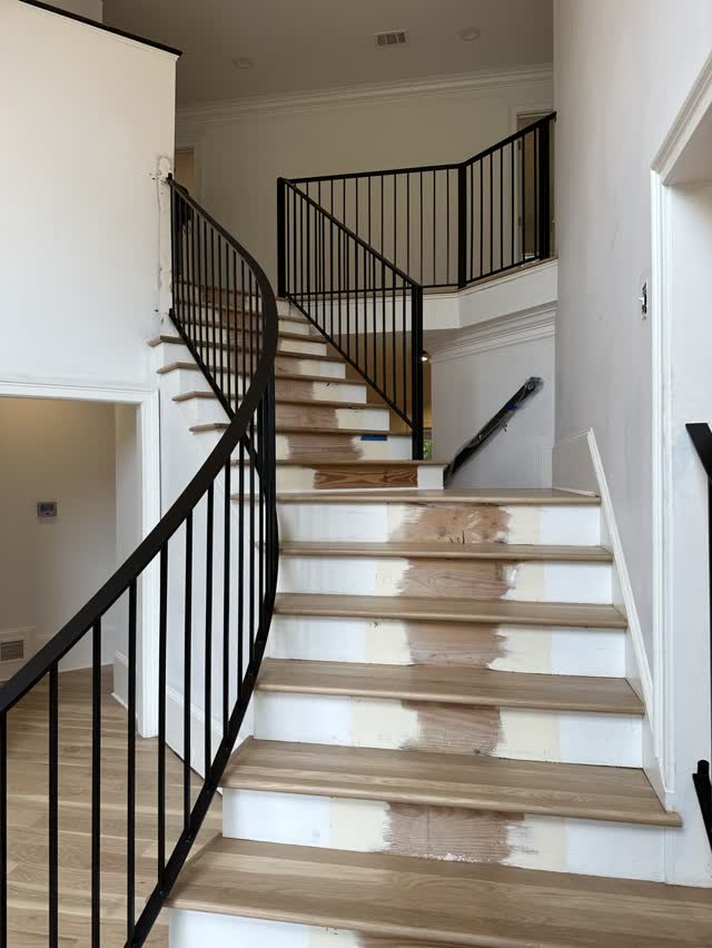 Interior steel stair rail and balustrade in a finished home